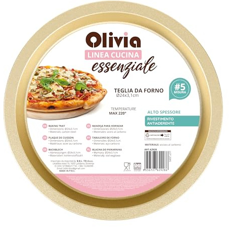 Teglia da Forno Tonda Ø24 cm x H 3,1 cm – Acciaio al Carbonio con Rivestimento Antiaderente, Bordo Rinforzato