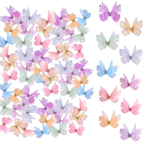 60 Stück 3D Mini Schmetterlinge, 10 Farben Organza Stoff Butterflies | Kleine Deko Schmetterlinge für DIY Haarspange Fenster Wand Dekoration Scrapbooking Gepäck