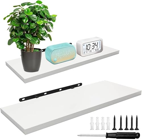 MIUUIPI Wandregal, 2er-Set Schweberegal, 40cm Regal Wand, Wandboard, Wandregalen Holz Hängeregale zur Wandaufbewahrung, Bücherregal Wand Gewürzregal, Wanddeko Wohnzimmer, Küche, Büro, Weiß