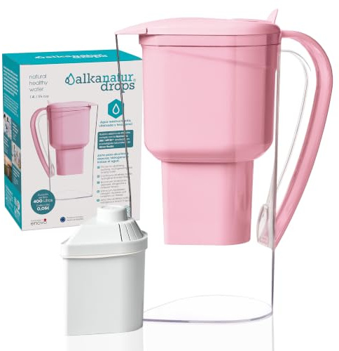 Jarra Filtradora Agua Grifo Rosa ALKANATUR Drops 1,4 L Filtro Original | Agua Alcalina Filtración Avanzada pH 9,5 Elimina Cloro Metales Pesados Microplásticos Fluoruros Libre BPA Fabricado en España