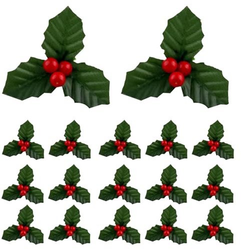 FOMIYES 50 Pezzi Rami di Bacche Natalizie Artificiali con Foglie di Agrifoglio Verdi 7 CM Steli per Ghirlande Fai da Te Decorazioni Natalizie per Vasi e Alberi Riempitivi Leggeri per