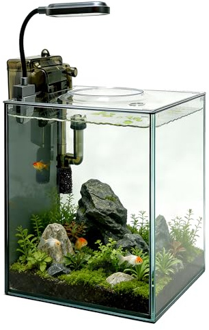 Turchongeco 2.1 Gallon Nano Aquarium Kit with Lid, Space Saving Hang-On Filter and LED Light, Ultra-Clear Rimless Glass Desktop Fish Tank for Small Fish, Shrimp, and Betta
