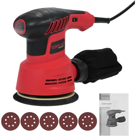 Levigatrice Orbitale Casuale 300W 13000RPM Elettrica Con 6 Velocità Variabili Palmare 5 Pezzi Di Carta Vetrata E Sacchetto Antipolvere Eccellenti Prestazioni Di Lucidatura(Red)