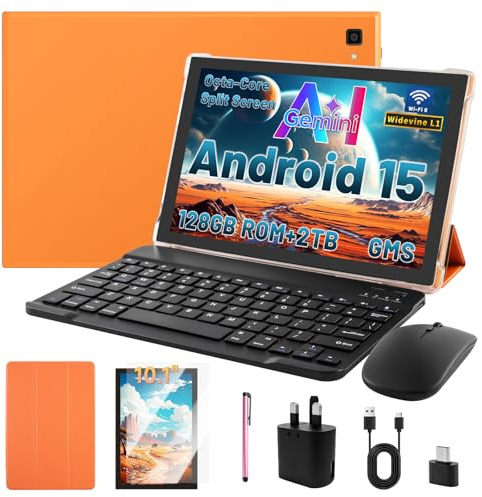 Android 15 Tablet, 10 inch Tablet, Octa-Core 8GB RAM 128GB ROM 2TB Expandable, 6000mAh, 5G WiFi 6, Android Tablets with Keyboard, Pen, Case & Mouse, Gemini AI Support, Split Screen, Parental Control
