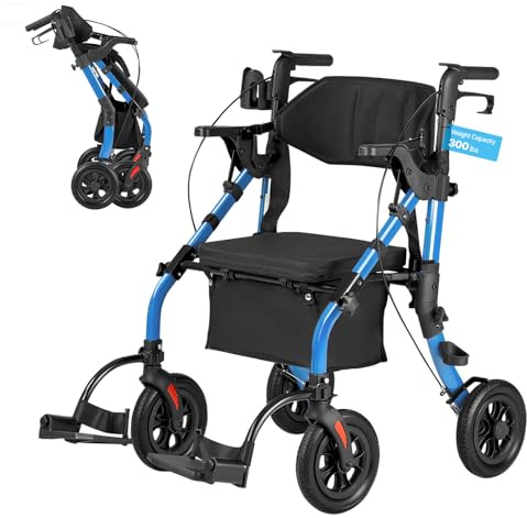 VEVOR Andador para Ancianos 2 en 1 con Ruedas de 25,4 cm, Asiento Soporta 136 kg, Silla de Transporte Plegable de Aleación de Aluminio, Reposabrazos Ajustable para Personas Mayores Compras y Exterior