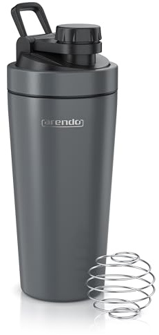 Arendo - Eiweiß Shaker Edelstahl 750ml, Protein Shaker mit Mixkugel, BPA frei, Mixbecher, Metall Premium Eiweißshaker, Tragegriff, Spülmaschinengeeignet, To Go für Yoga Fitness Sport, Cool grey