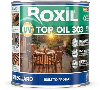Roxil UV Top Oil 303 1Litro| Acabado transparente de mate a brillante | Barniz para madera de exterior resistente a los rayos UV| Protección para madera resistente a la intemperie y de larga duración