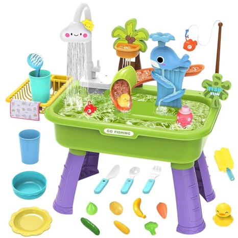 Fregadero Infantil con Agua Corriente - Mesa Actividades Eléctrica con Grifo y Tobogán de - Set De Pesca Infantil - para Niños Entre 1 Y 5 Años Hogar Patio Guardería Preescolar Jardín