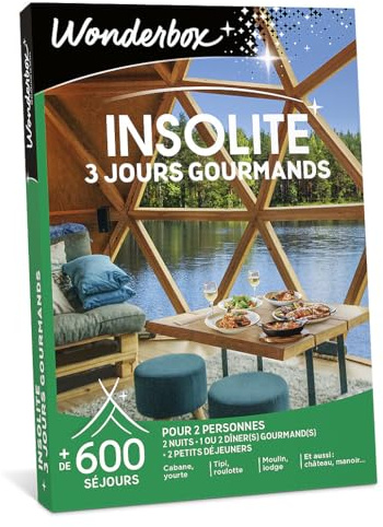 Wonderbox - Insolite - 3 Jours Gourmands - Coffret Cadeau - Idée Cadeau Séjours | 2 nuits avec petits déjeuners et dîner(s) - Plus de 600 séjours - Cabane, yourte, tipi, roulotte, moulin, lodge, château