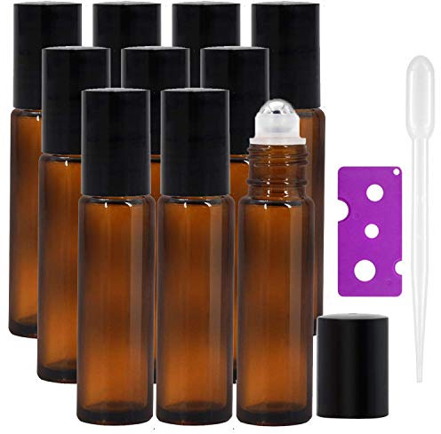 Alledomain 10Pcs, 10ml Essential Oils Roller Bottles - Amber Glass Roll on Bottles with Stainless Steel Roller Balls Perfect for Fragrance, Aromatherapy (Included 1 Bottle Opener and 1 Dropper)
