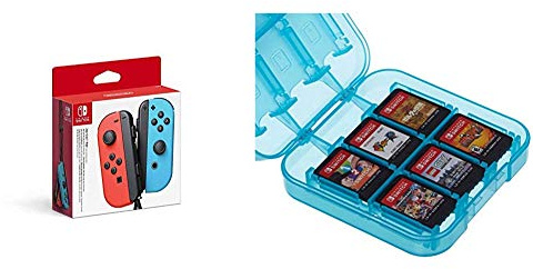 Nintendo Joy-Con 2er-Set Neon-Rot/Neon-Blau & Amazon Basics - Aufbewahrungsbox f√ºr Spiele der Nintendo Switch - Blau