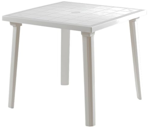 Tomaino - Table de jardin en plastique carrée - Table en plastique extérieur pour 4 places avec pieds amovibles et trou pour parasol - Table basse d'extérieur blanche