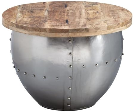 FineBuy Couchtisch Mango Massivholz/Metall 60x43x60 cm Industrial Style Rund, Design Wohnzimmertisch mit Stauraum, Moderner Loungetisch Sofatisch Silber