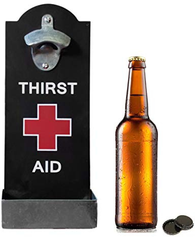 Black Thirst Aid Bottle Opener & Bottle Cap Catcher Storage, Hangable Home Wall Decor