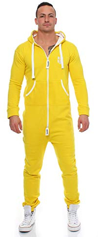 Gennadi Hoppe herrjumpsuit – mjuk och bekväm husplagg med tvåvägs dragkedja, bomull och dekorremsor för snygg komfort, Gult (gult), 3XL