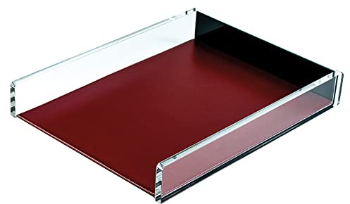 DELMON VARONE - Premium Briefablage DIN A4 aus Acryl transparent und Leder rot - Schreibtisch Organizer als Ablage für Dokumente, Briefe & Akten - Klassischer Ablagekorb in Echtleder für Büro
