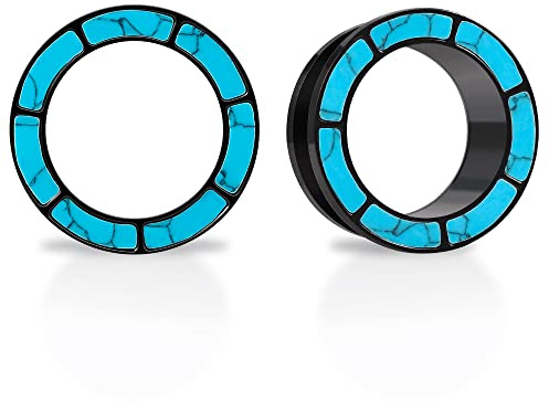 KOOBODY 1 Paar Edelstahl Opal blau umrandet Ohr Flesh Tunnel Schraube zurück fit blau türkis Shell Ohr Gauges Stretcher Expander Piercing Schmuck 2g-2