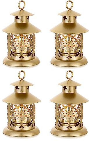 Romadedi Tealight Candle Holders Decorative Lantern - 4pcs Vintage Gold Mini Hanging Lantern for Tea Light Candle Decor Wedding Centrepiece Coffee Dining Table Shelf Outdoor Christmas