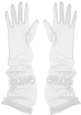 Aniler Women's 21'' Tulle Long Wedding Bridal Elbow Length Sheer Opera Party Gloves (White Pearl, 21 Length)