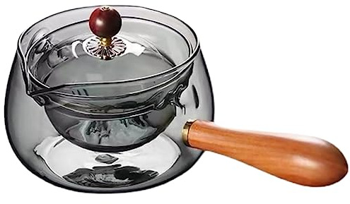 UPKOCH Olla de 360 grados con mango lateral Tetera de cristal Juego de té japonés Cocina portátil olla de vidrio chino Hervidor de agua Tetera de madera con mango largo Contenedor de té | Jarra japonesa compacta con mango de madera giratoria para té suelto, para el hogar, cafetería, restaurante y buffet