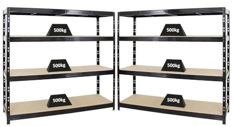 PROREGAL Mega Deal | 2X Profi Schwerlastregal Rhino | HxBxT 180x200x60cm | 4 Spanplatten-Ebenen 8mm | Fachlast 500kg | Schwarz | Garagenregal Lagerregal Steckregal Weitspannregal