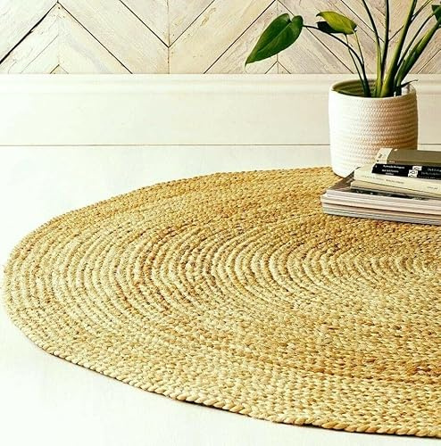 EcoKunst Jute Teppich Rund Wohnzimmer| Ø 160 cm| Modern Handgefertigt 100% Naturfaser Läufer | Boho Deco für Schlafzimmer, Küche, Outdoor, Flur - Beige