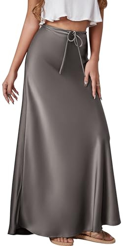 FEOYA Women A Line Maxi Skirts Work Silk Boho Skirt High Waisted Wrap Skirts Satin Y2K Skirt Grey XL