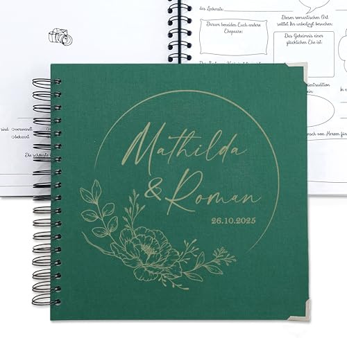 Feenstaub Gästebuch Hochzeit mit Fragen Ringbuch, Leinen Hochzeitsgästebuch mit vorgedruckten Fragen zum Ausfüllen, Personalisiert mit Namen, 25x25 cm Blumen