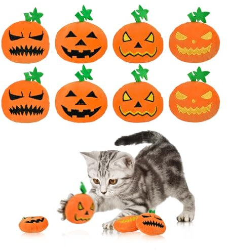 LyssKMK Halloween-Kürbis-Spielzeug für Katzen, Plüsch-Beißspielzeug mit Kürbis mit Reichweitenausdrücken, Stickerei-Designs, interaktives Plüschspielzeug für Kätzchen und Katzen (8 Stück)