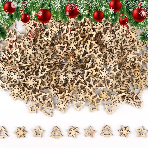 Deepton 400 Stück Streudeko Weihnachten, Holzdeko, Tischdekoration, Schneeflocken Sterne Holz Deko Klein für DIY Handwerk Geschenk