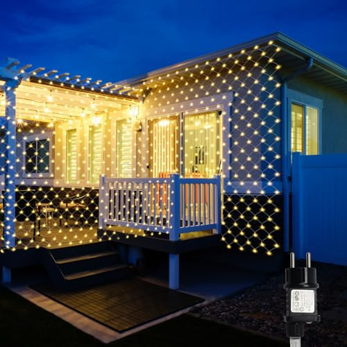 Cecaylie 3x2m lichternetz außen & inne, LED Warmweiß lichternetz mit 8 Modi + Memory-Funktion, IP44, zur Dekoration von Balkonen, Gärten und Häusern verwendet werden