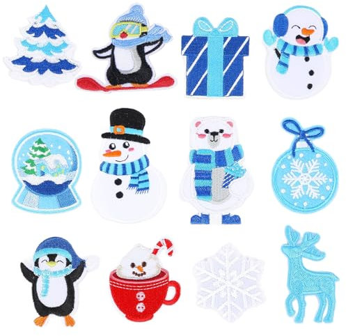 12 Stück Winter Bügelbilder Weihnachten bestickt Nähen Applikation Reparatur Patch Niedliche Schneeflocke Schneemann Eisbär Pinguin Baum Kranz Zuckerstange DIY Handwerk für Kleidung Jacke Jeans Hosen