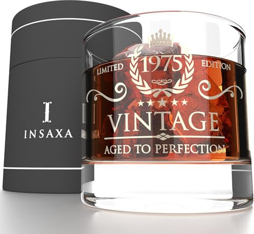 Insaxa 50th Birthday Gifts for Men - Vintage 1975 Lowball Glass Tumbler (380ml)