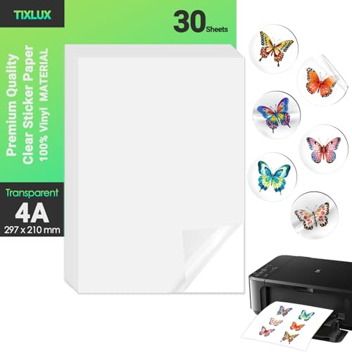 Tixlux 30 Blatt Vinyl-Aufkleberpapier für Tintenstrahldrucker, transparent, selbstklebend, trocknet schnell, lebendige Farben, A4-Größe 297x210mm
