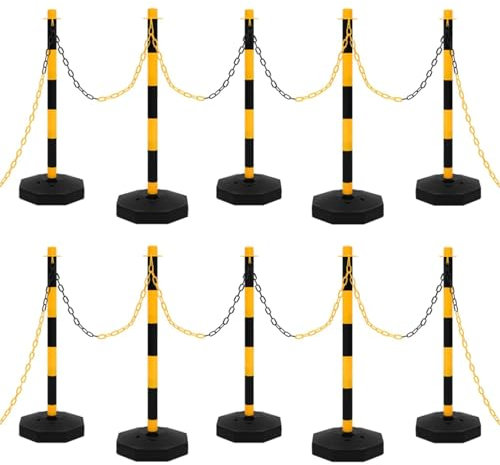 Brokky Chain Post Set with 10 m Plastic Chain-Plastic Stanchion,Chain Stanchion,Plastic Stanchion Kit for Warning/Crowd Control at Parking Lot,Construction Lot,Driveway Elevator