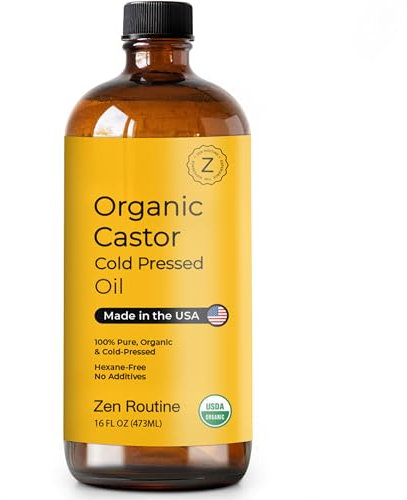 Zen Routine Organic Castor Oil in Glass Bottle – Cold Pressed Hexane Free – For Hair Growth, Face, Eyelash, Skin, Stomach & Castor Pack Wrap – 100% Pure & Unrefined 16 fl oz — Made in USA