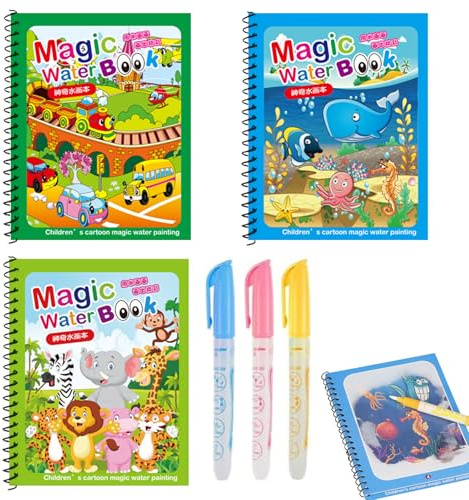 3 Pièces Livre de Coloriage a L’Eau, Livre de Coloriage à l'Eau pour Enfants, Livre de Dessin Magique de l'Eau, Magic Water Book Réutilisable avec 3 Stylos