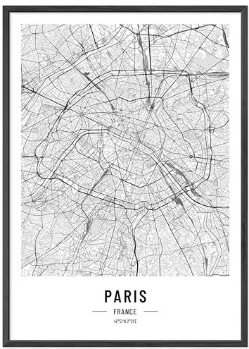 JUNOMI® Paris affisch DIN A3 med ram svart, DIN A3 vardagsrumsdekoration, modern väggmålning, Parisbild, väggmålning med ram, stadskarta affisch Paris, perfekt presentidé för parisiska