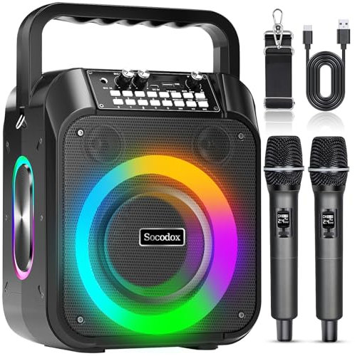 Macchina Karaoke,Altoparlante Bluetooth Portatile 60W con 2 Microfoni Wireless,Batteria 6000mAh 8H Riproduzione, Stereo TWS,Luci RGB, Sistema PA Dual Bass Boost per Adulti,Bambini,Feste,Canto,DJ