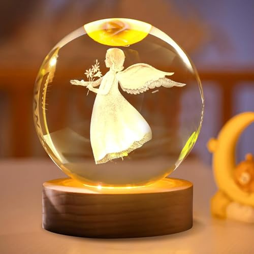 RZXBB 3D Kristallkugel Nachtlicht,Weihnachtsdeko Glaskugel Lampe,LED Engel Leuchtende Kristallkugel Nachtlicht Mit Holzsockel,Gravierte Kristallkugel Nachtlicht für Geschenk Dekoration (B)