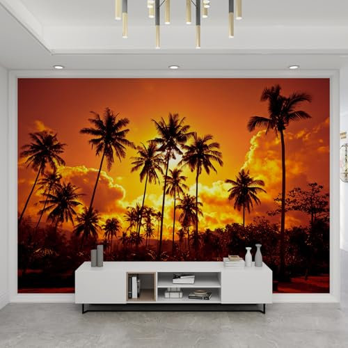 YEMYOR Tropical Sunset Wallpaper, Beach Palm Tree Mural, Orange Sky Coconut Tree Mural, Seamless Splicing, for Living Room Bedroom-250x175cm