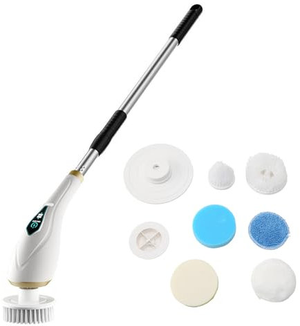 Rehomy Brosse de nettoyage électrique sans fil avec 8 têtes remplaçables, poignée d'extension pour baignoire, cuisine, sol, salle de bain, carrelage, murs - Mode 2 vitesses