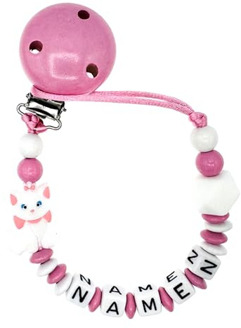 Nuckelkette mit Namen  KATZE  in verschiedenen Farben und Motiven/Unisex/Personalisiert (Babyrosa Weiß)