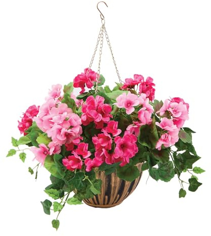 Coopers of Stortford - Pink Geranium Hanging Basket with Realistic Faux Flowers in Bronze Effect Pot - Weather Resistant Polyester, Ready to Display Outdoor Decoration