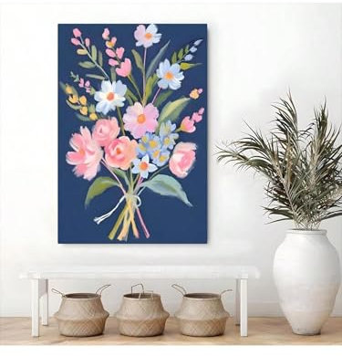 lianyibo 1 Stück Marineblau & Rosa Bunter Blumenstrauß-Druck Wandkunst - Leinwanddrucke Poster, Für Büro Wohnzimmer Wanddekoration 50x70cm Rahmenlos