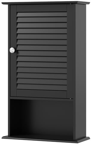 GIANTEX Badezimmerschrank Hängeschrank, Badschrank Badhängeschrank mit Jalousie Tür, mit verstellbarem Einlegeboden & offener Ablage, Wandschrank Medizinschrank für Badezimmer Flur (Schwarz)