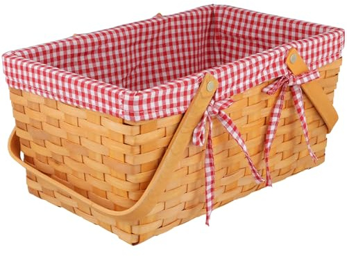 SYUTBOU Picknickkorg med handtag, flätad korg trä shoppingkorg, 34 x 21 x 16 cm flätad korg med linneduk, presentkorg för camping utomhus