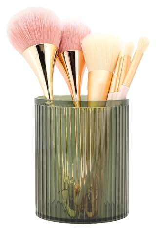 DASITON Makeup Brush Holder Organizer, Acrylic Makeup Brush Cup, Vintage Striped Make Up Brush Holder for Vanity, Bathroom Countertop, Toothbrush Holders, Pen Holder for Desk Storage (Green)