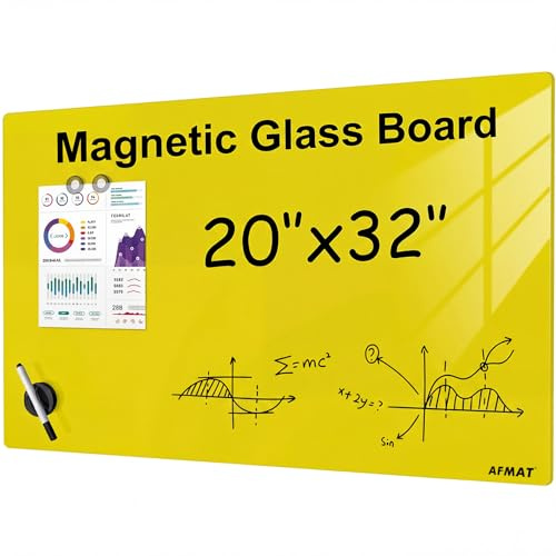 AFMAT Rahmenlose Glas-Magnettafel 50x80 cm, Premium Glas Magnetboard Whiteboard, Hochglänzend, Magnettafel für Wand - Inkl. Magnete, Stift & Tafellöscher, Whiteboard für Büro, Küche, Wohnung,Gelb,GB05