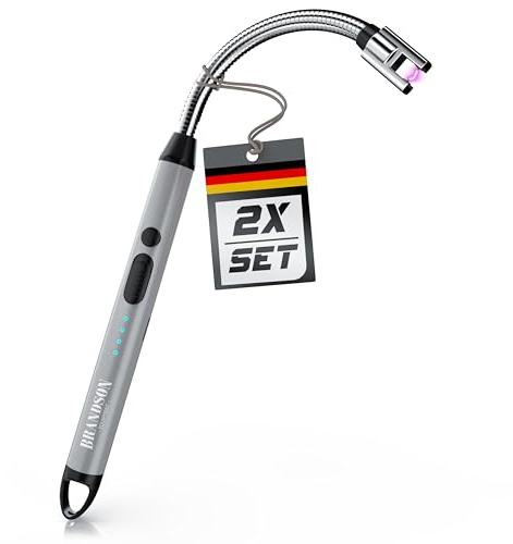 Brandson - 2X Feuerzeug elektrisch - Stabfeuerzeug Lichtbogen mit Akku - USB aufladbar - Kaminanzünder - für Küche Kerzen Gasherde Grill Kamin